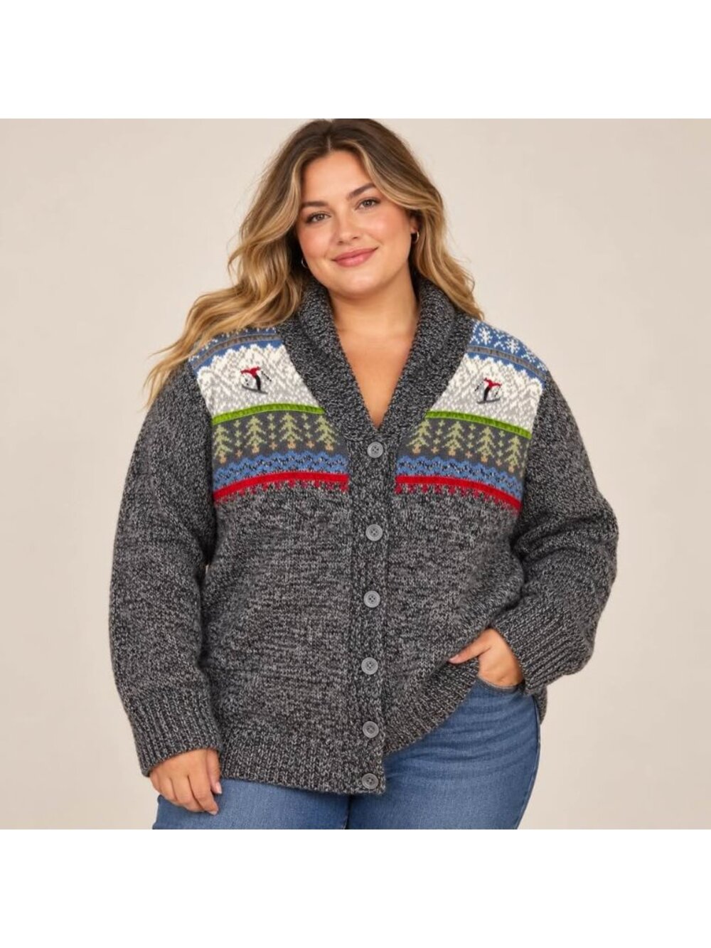 Woolrich Women’s XXL Fair Isle Ski Cardigan Shawl Collar Charcoal